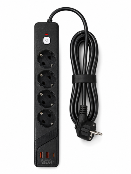 مشترك كهرباء هايبر تك SP-10 بقدرة 3000 وات – 4 مخارج + USB-A وType-C مع مفتاح تحكم
