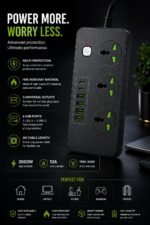 ⁦مشترك كهرباء Hyper SP30 متعدد المنافذ 3000W مع 3 مخارج عالمية و6 منافذ USB وكابل 2 متر⁩ - الصورة ⁦4⁩