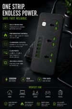 ⁦مشترك كهرباء Hyper SP30 متعدد المنافذ 3000W مع 3 مخارج عالمية و6 منافذ USB وكابل 2 متر⁩ - الصورة ⁦3⁩