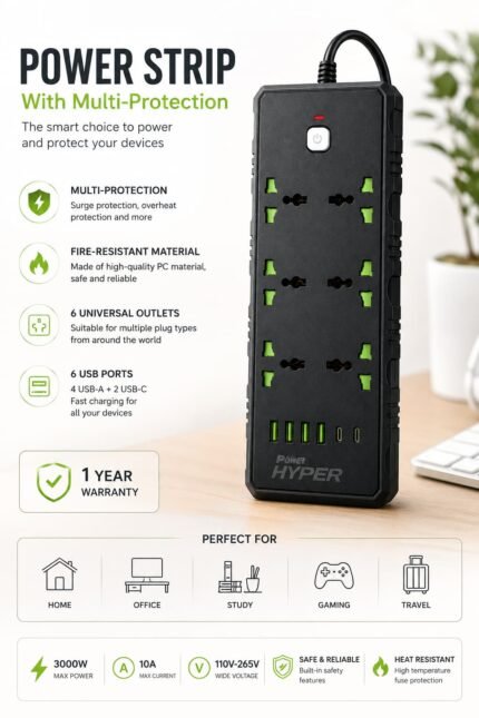 مشترك كهرباء Hyper SP-40  متعدد المنافذ 3000W مع 6 مخارج عالمية و6 منافذ USB وكابل 2 متر – حماية حرارية وشحن سريع