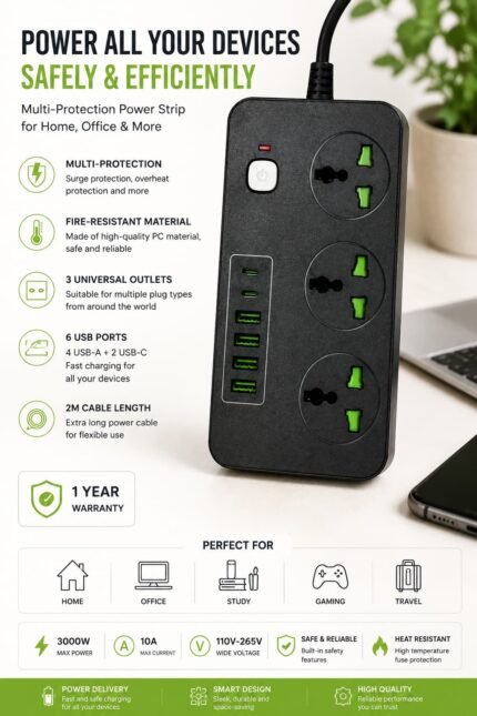 مشترك كهرباء Hyper SP30 متعدد المنافذ 3000W مع 3 مخارج عالمية و6 منافذ USB وكابل 2 متر