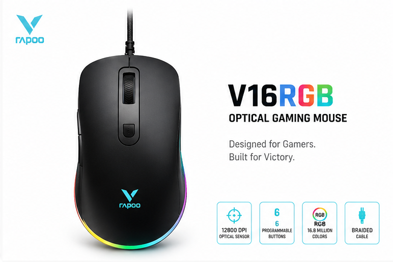343434343434 Rapoo V16RGB Wired Optical Gaming Mouse with RGB Backlight - Image 1