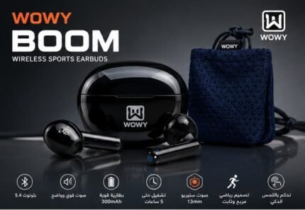 سماعات WOWY BOOM لاسلكية رياضية بتقنية Bluetooth 5.4، درايفر 13mm، تحكم باللمس وبطارية 300mAh